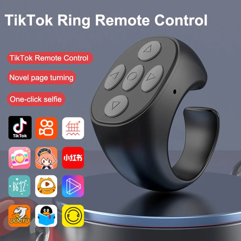 2025 Bluetooth TikTok Remote Control Ring - Flipping Selfie Fingertip Controller with 4 Buttons, 10M Range for iPhone & Xiaomi
