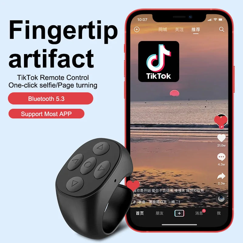 2025 Bluetooth TikTok Remote Control Ring - Flipping Selfie Fingertip Controller with 4 Buttons, 10M Range for iPhone & Xiaomi