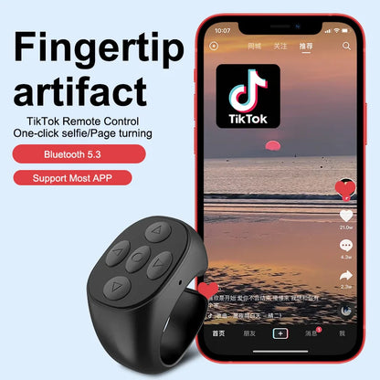 2025 Bluetooth TikTok Remote Control Ring - Flipping Selfie Fingertip Controller with 4 Buttons, 10M Range for iPhone & Xiaomi