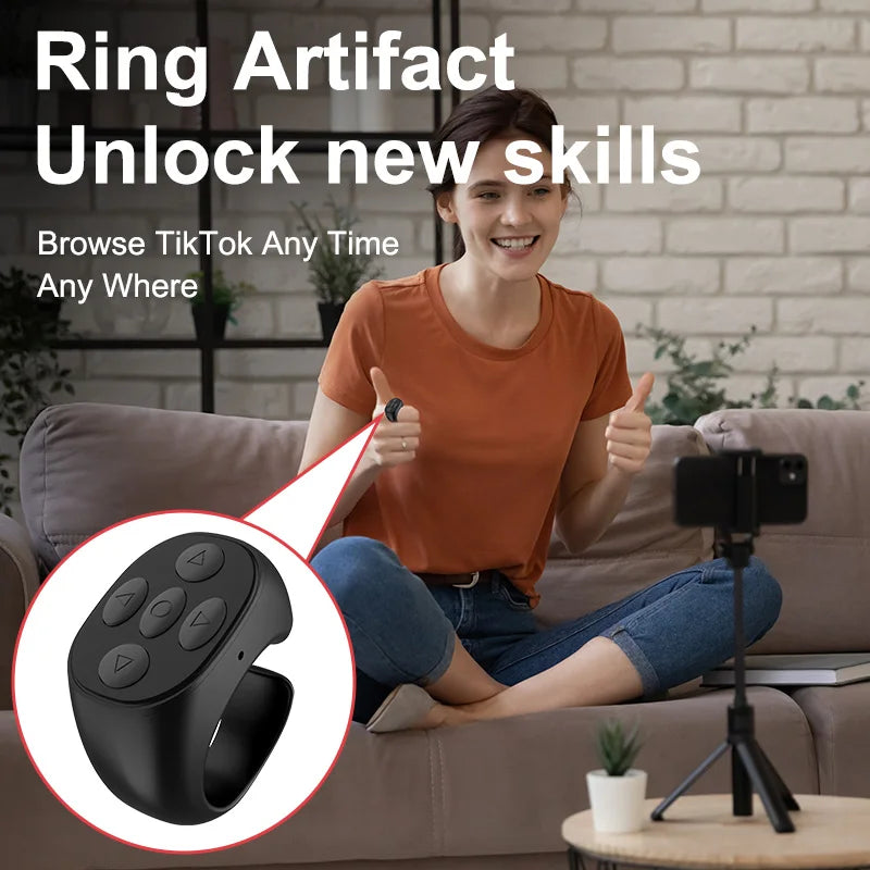 2025 Bluetooth TikTok Remote Control Ring - Flipping Selfie Fingertip Controller with 4 Buttons, 10M Range for iPhone & Xiaomi